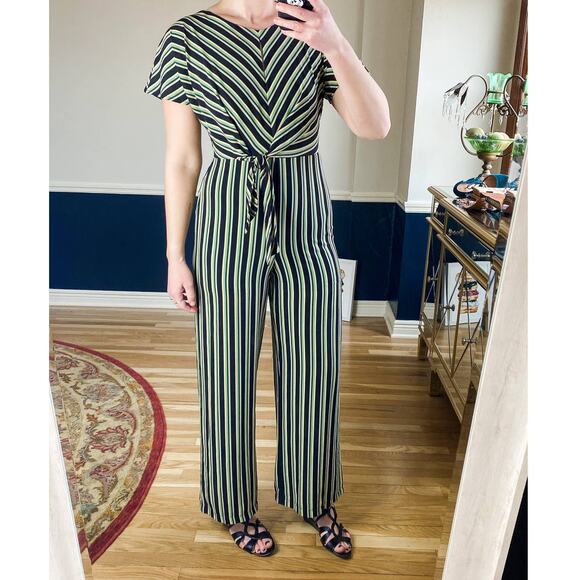 June & Hudson black green yellow striped wide leg jumpsuit - Picture 1 of 8
